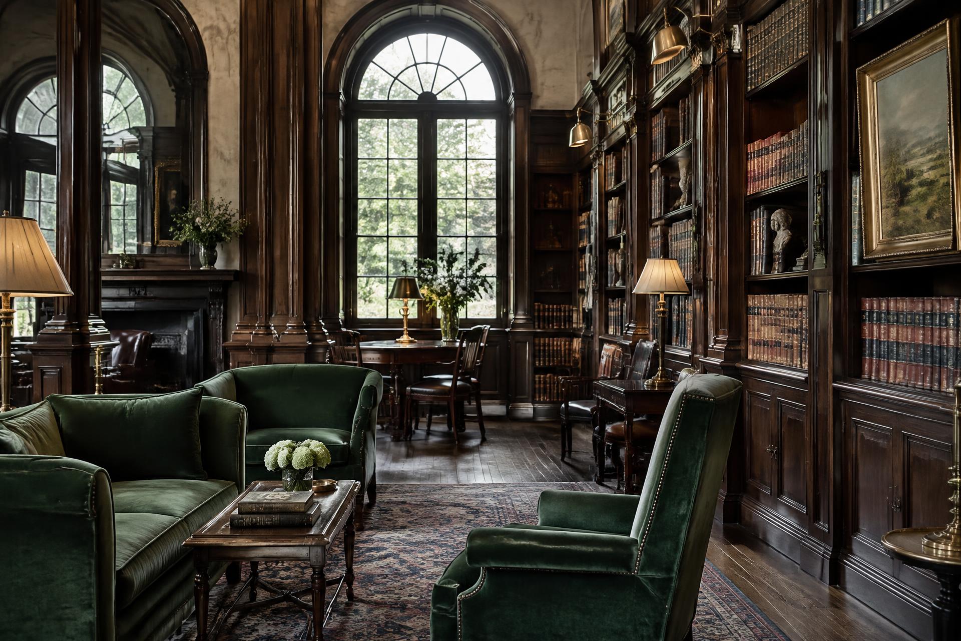 An inviting library with arched windows and green reading chairs